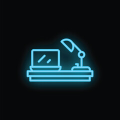 Neon sign of a workspace featuring a laptop computer and adjustable desk lamp, glowing blue against a black background