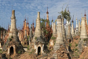 Shwe Inn Thein Paya, pagoda complex, hundreds of ruined Buddhist stupas in the village of Inthein, Indein, Myanmar, Asia