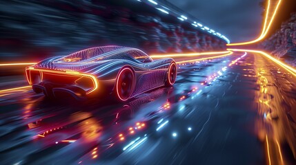 Conceptual representation of the digital world in abstract beauty. A futuristic car drives along a digital road. AI generated, AI generated, AI generated, AI generated