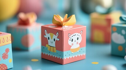 A miniature paper gift box with playful cartoon designs, ideal for children's parties 