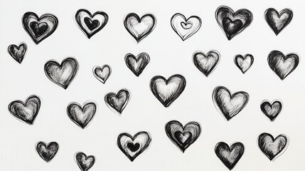 Black and White Hand-Drawn Hearts on White Background Artwork