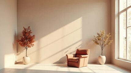 Serene Interior Design A Relaxing Room with Peach Armchair and Potted Plants Basking in Sunlight