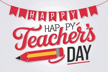 Happy Teacher's Day greeting with red flags and a pencil