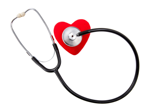 Medical stethoscope and red heart isolated on white, transparent. Health, love concept