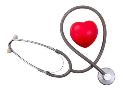 Medical stethoscope and red heart isolated on white, transparent. Health, love concept