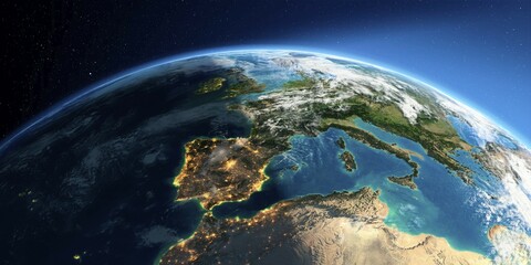 Highly detailed Earth with atmosphere, exaggerated relief and light-flooded cities. Transition from night to day. Part of Europe, the Mediterranean Sea. 3D rendering. Elements of this image furnished by NASA