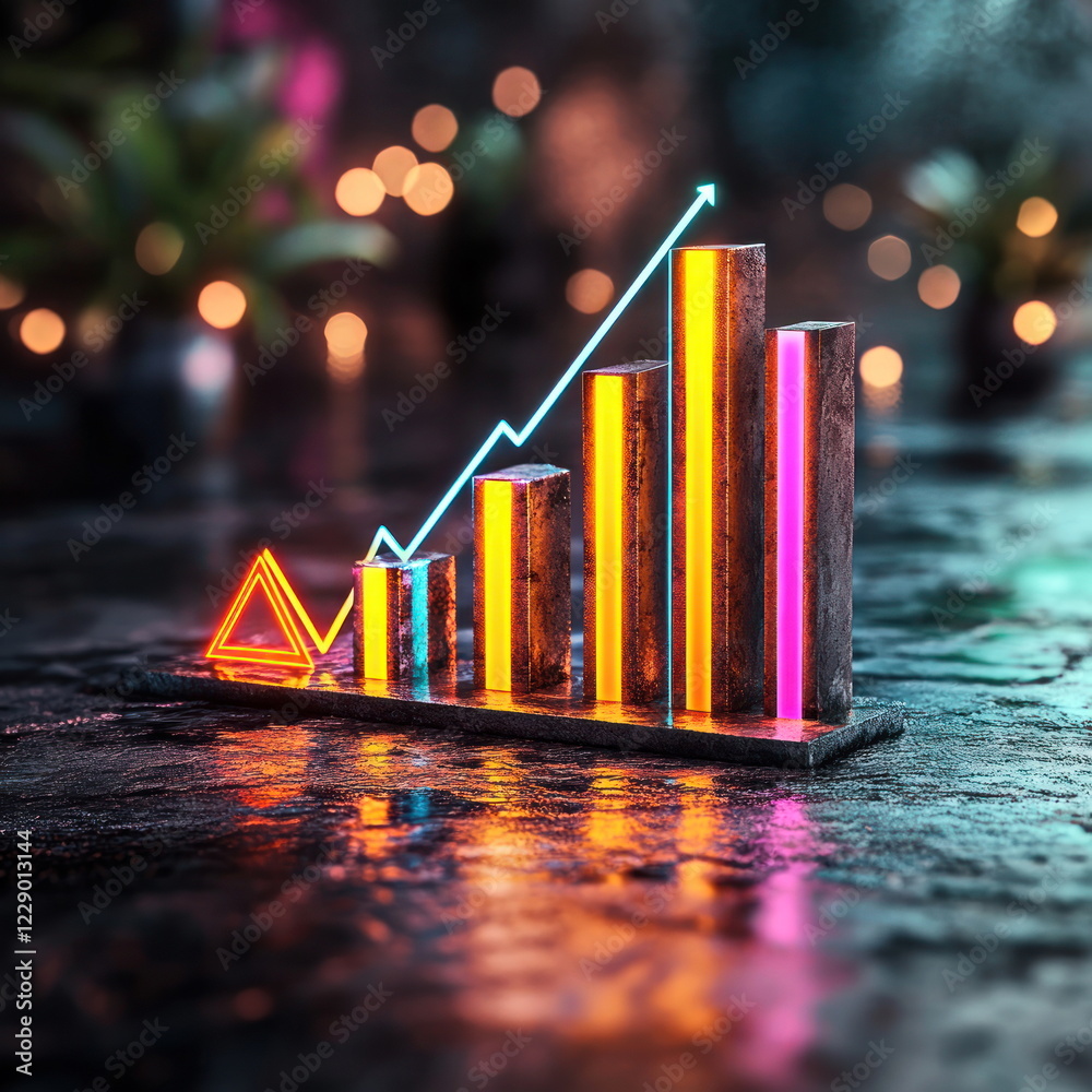 Poster Visualizing Growth with Colorful Bar Graphs Warning Signs on Graph blurry backgrounds