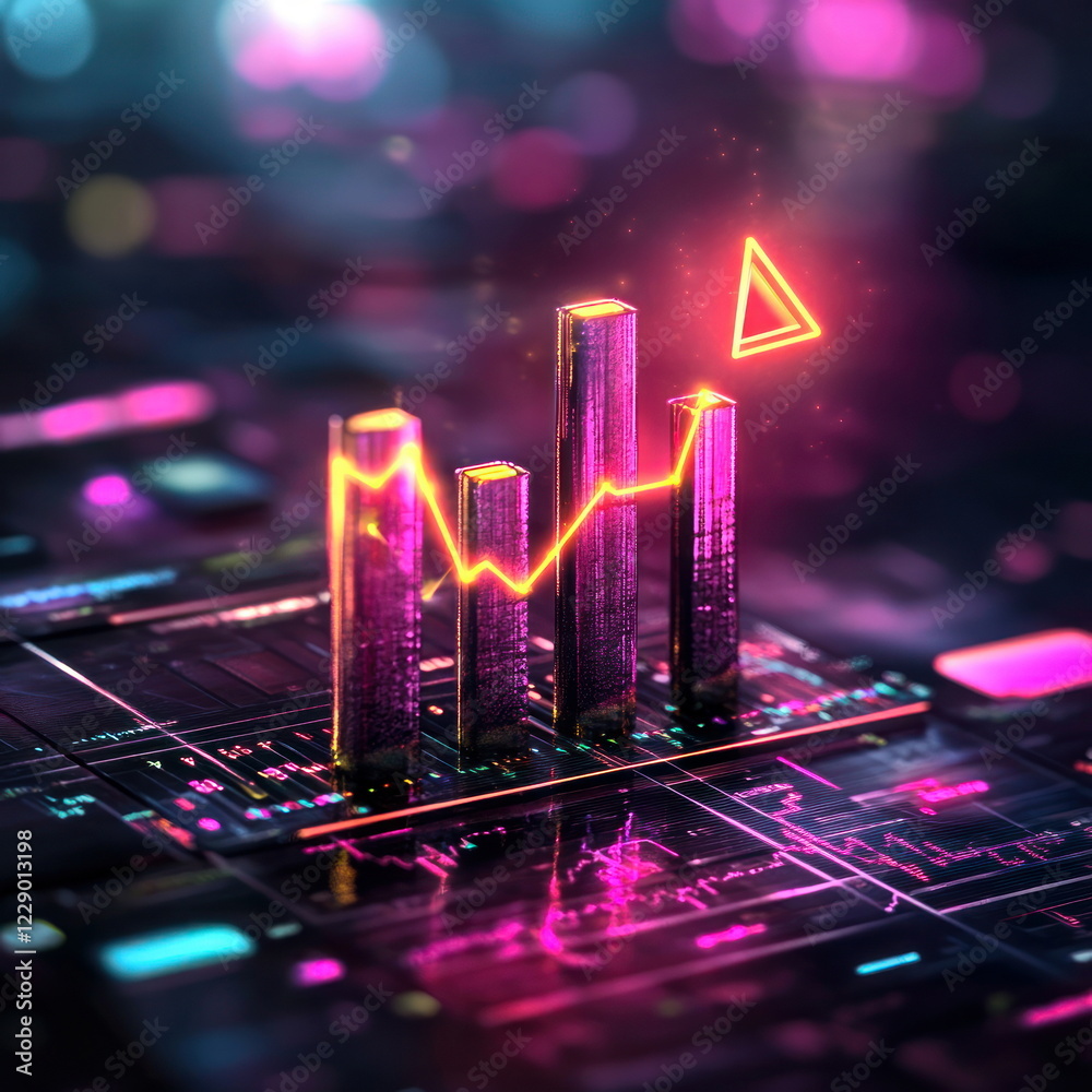 Poster Dynamic Data Visualization in Neon Colors Warning Signs on Graph blurry backgrounds