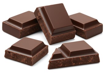 Several chunks of broken dark chocolate with sharp edges and a rough texture isolated on a white background