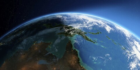 Highly detailed Earth with atmosphere, exaggerated relief and light-flooded cities. Transition from night to day. Australia and Papua New Guinea. 3D rendering. Elements of this image furnished by NASA