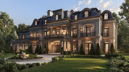 Obraz premium Elegant Luxury Mansion Surrounded by Greenery and Blue Sky