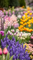 Obraz premium Stunning Spring Flowers: A Vibrant Garden of Tulips, Hyacinths, and Muscari in Full Bloom