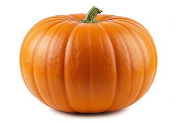 Obraz premium A bright orange pumpkin with a short green stem isolated on a white background