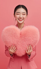 Asian girl in a business pink suit holding a fluffy pink heart on a pink background