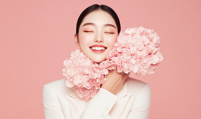 Asian girl in a business white suit holding a pink flowers on a pink background