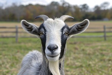 Obraz premium Close up of goat on sunny meadow. Generative Ai, AI generated