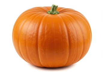Obraz premium A bright orange pumpkin with a short green stem isolated on a white background