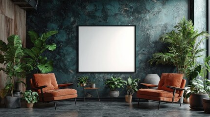 Cozy living room interior with green plants and stylish furniture