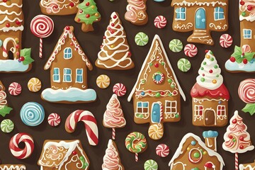 Abstract wallpaper illustration of of gingerbread house decoration, AI generated