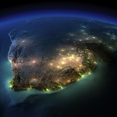 Highly detailed Earth, illuminated by moonlight. The glow of cities sheds light on the detailed exaggerated terrain and translucent water of the oceans. Elements of this image furnished by NASA