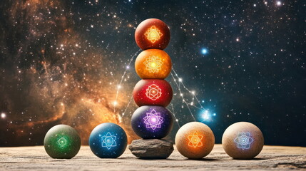 A cosmic representation of the seven chakras Exploring the Power of Chakras in Spiritual Healing surrounded by galaxies