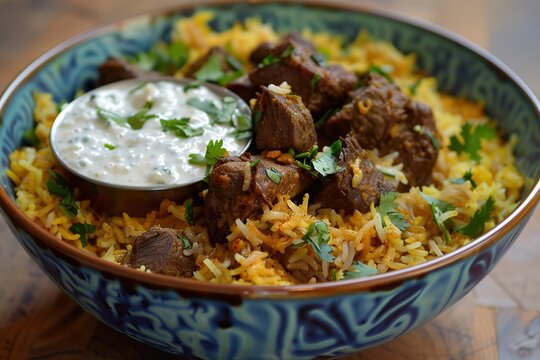 Homemade Beef Biryani with yogurt dip