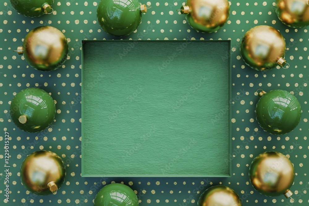 Fototapete 3d rendering of a christmas terrazzo background with baubles around an empty box in the center with 