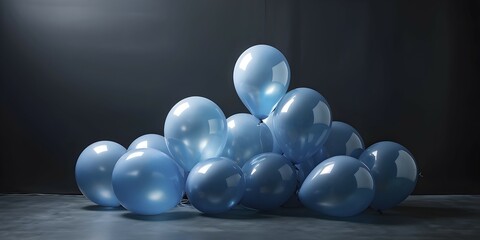 AI generated cluster of blue helium balloons floating against a grey background