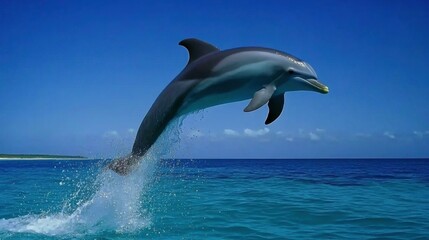 Dolphin Leaping Above Sparkling Ocean Waves Under Clear Blue Sky