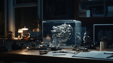 A detailed arrangement of industrial engineering tools on a workbench with minimal background distractions.