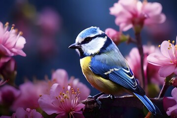 Obraz premium Blue tit sitting in a blooming garden expressing summer wildlife, AI generated