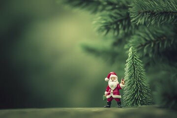 Obraz premium Figure of a little Father Christmas standing in a clearing. Fir trees and fir branches frame the scene. AI generated, AI generated, AI generated