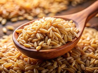 Obraz premium Close-up brown rice spoon: a macro food shot.