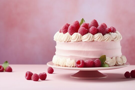 Buttercream cake with fresh rasberry fruits on pink background. KI generiert, generiert, AI generated