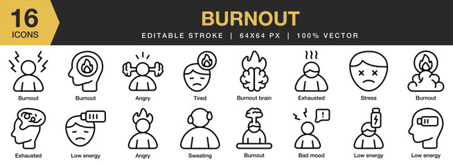 Burnout icon set. Editable Stroke Icon Collection. Includes burnout, stress, tired, person, headache, fatigue, and More. Outline icons vector collection.
