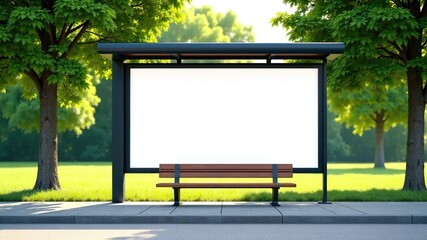 Fototapeta premium Colorful Bus Stop Billboard, Lush Trees, Sunny Day