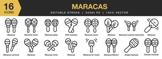 Maracas icon set. Editable Stroke Icon Collection. Includes mexican, music, maracas, instrument, traditional, and More. Outline icons vector collection.