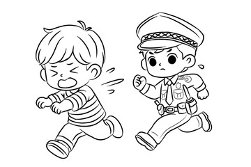 Line art police cartoon for kids. Vector illustration. Coloring book