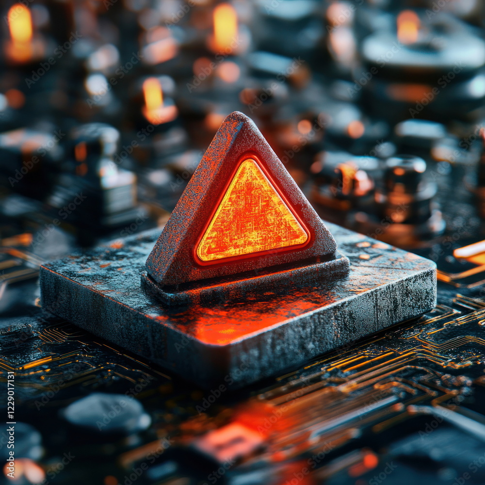 Poster illuminated warning symbol on circuit board blurry backgrounds