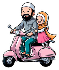 illustration muslim dad and daughter with scooter bike