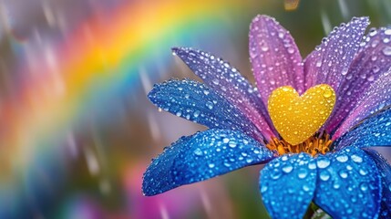 Rain-soaked flower with heart, rainbow background, nature, spring card