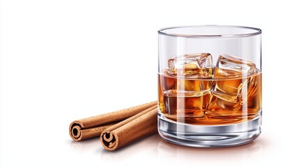 A bourbon cocktail, glass with cinnamon stick garnish, festive holiday elements, realistic style, isolated on white background