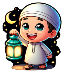  Illustration Cartoon Muslim Boy Holding Ramadan Lantern