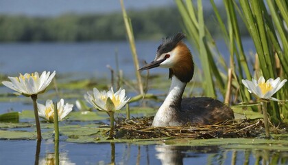 Ai generated, animal, animals, bird, birds, biotope, habitat, a, individual, swims, waters, reeds, water lilies, blue sky, foraging, wildlife, summer, seasons, great crested grebe (podiceps cristatus), breeds, nest