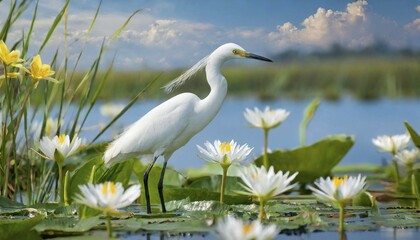 Obraz premium KI generated, animal, animals, bird, birds, biotope, habitat, a, individual, water, reeds, water lilies, blue sky, foraging, wildlife, summer, seasons, cattle egret (Bubulcus ibis)