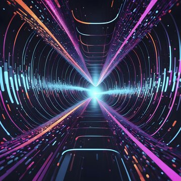 Abstract data stream flowing like liquid light, with sharp lines of code and binary numbers cascading in bright neon colors, AI generated