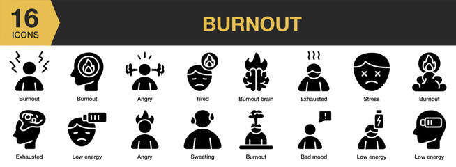 Burnout solid icon set. Includes anxiety, overworked, frustrated, sad, pain, and More. Solid icons vector collection.