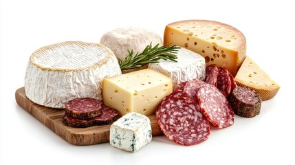 A cheese and meat charcuterie board, artisanal arrangement, gourmet selection, high-detail 3D rendering, isolated on white background