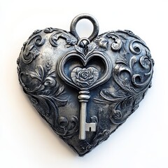 Ornate Metallic Heart with Key and Intricate Flourishes Design