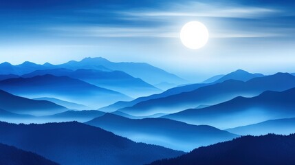 Serene blue mountain landscape under a bright moonlight sky with soft misty layers